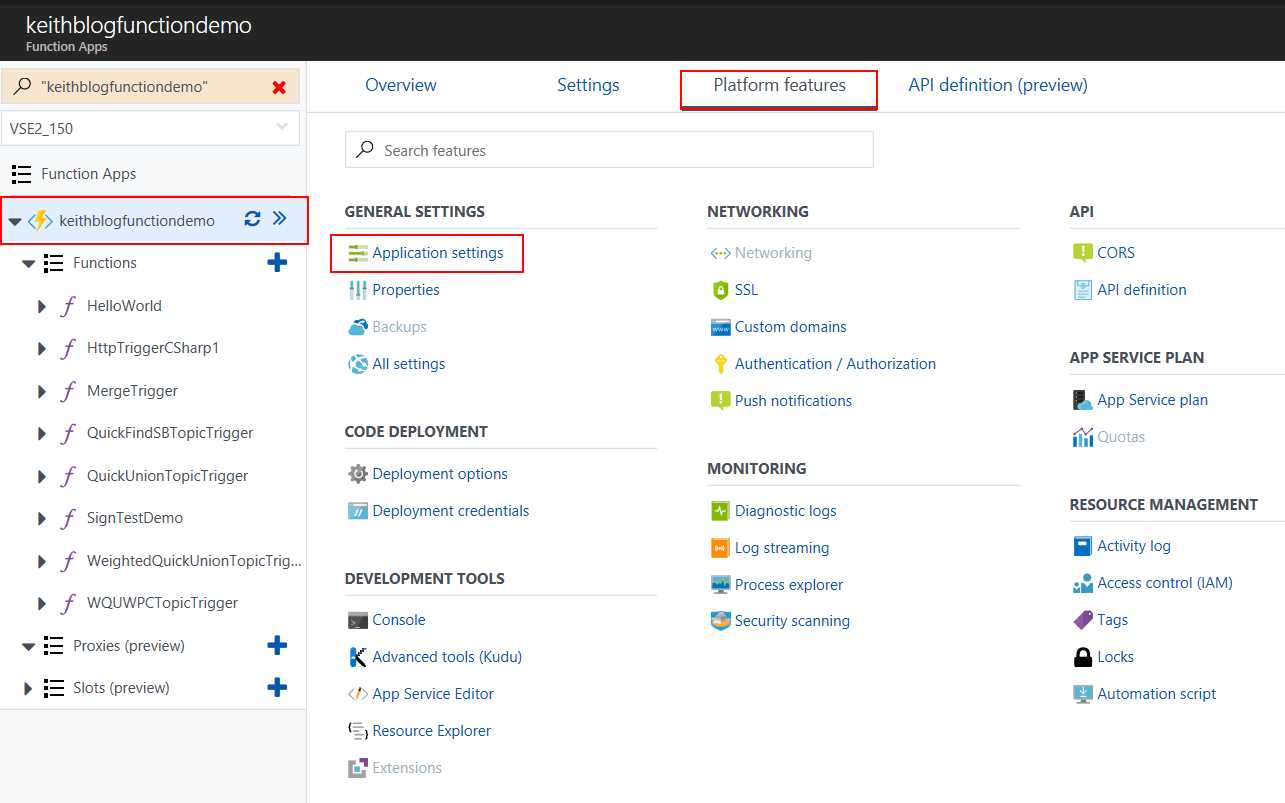 Our Functions App Settings