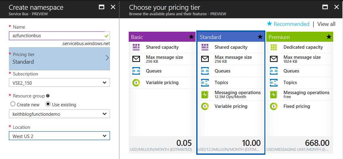 ServiceBus Setting Up Namespace